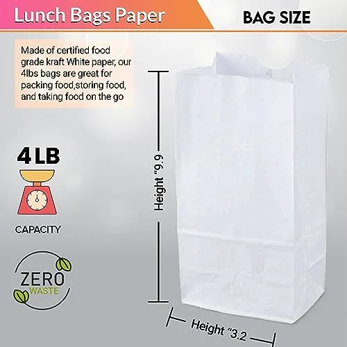 4lb White Paper Bags-Lunch Bags, Craft Bags, Grocery Bags- Pack of 500ct
