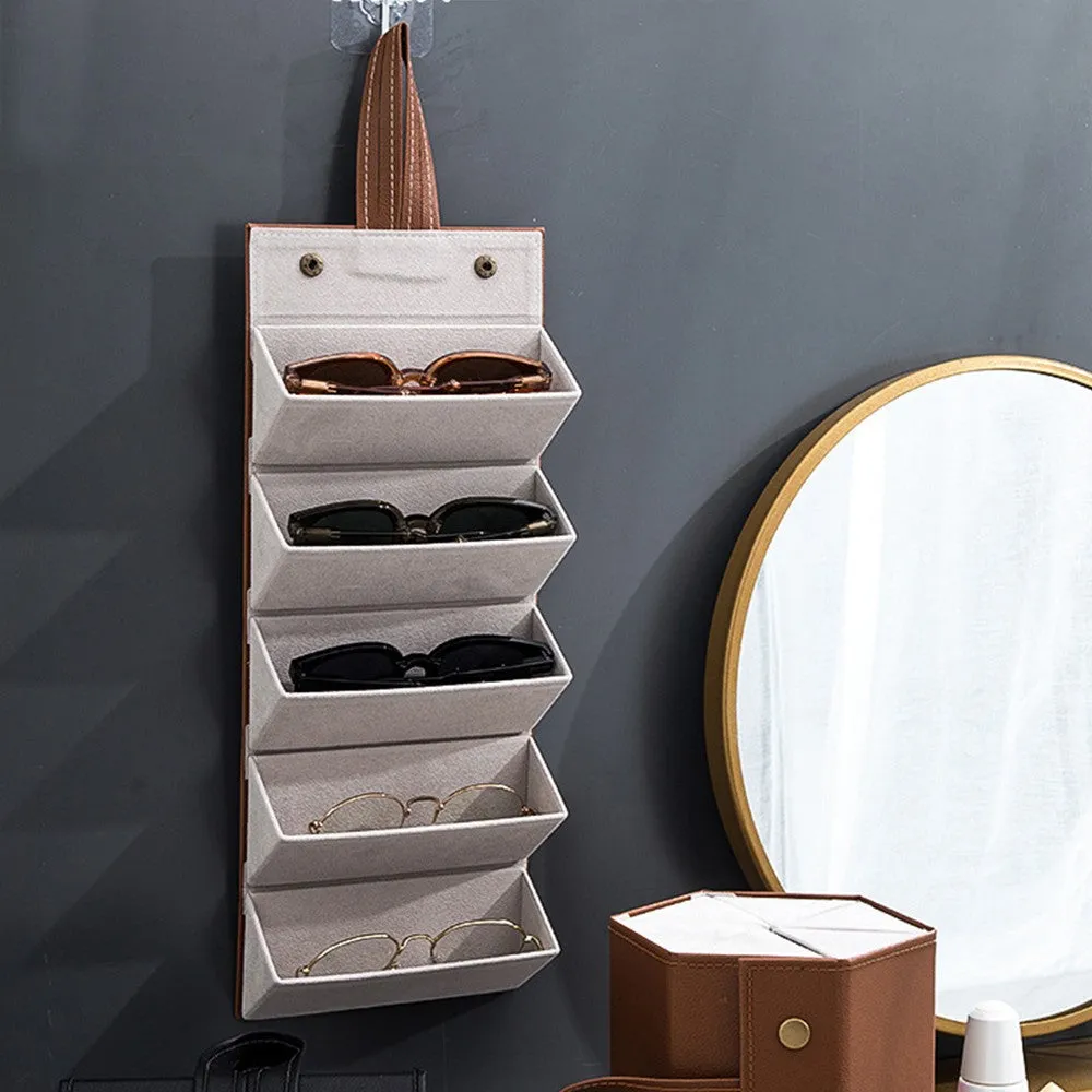 5 Slots Foldable Eyeglasses Organizer Travel Glasses Case Hanging Eyeglass Holder Brown