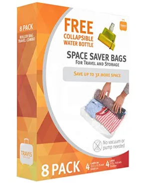 8 Travis Travel Gear Space Saver Vacuum Bags with Collapsible Water Bottle (4 Medium and 4 Large). No Pump Needed Roll Up Compression and Organizer for Storage and Luggage