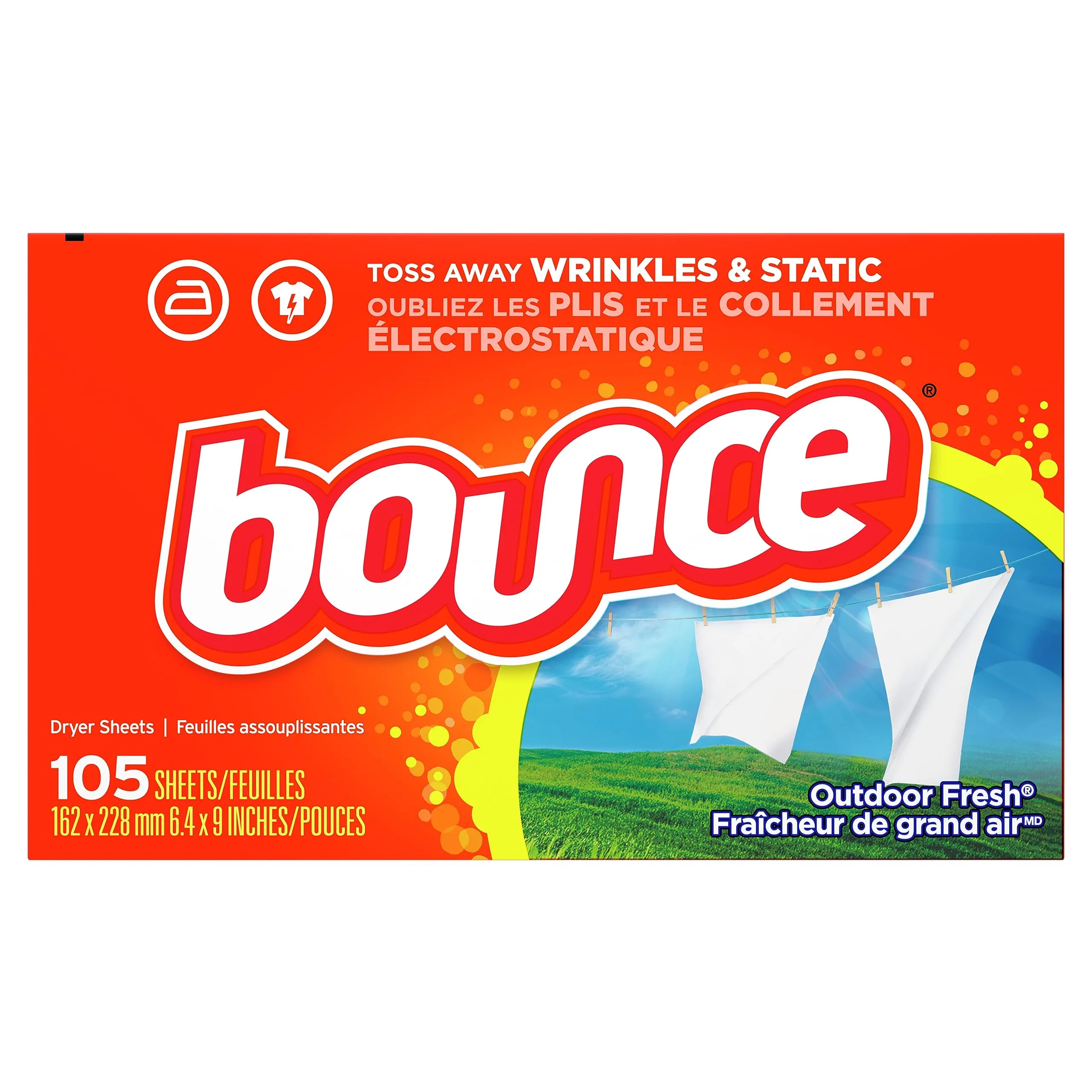 Bounce Dryer Sheets, 105 Sheets, Outdoor Fresh Scent Fabric Softener Sheets, Reduces Static, Softens and Fights Wrinkles 105 Count (Pack of 1)
