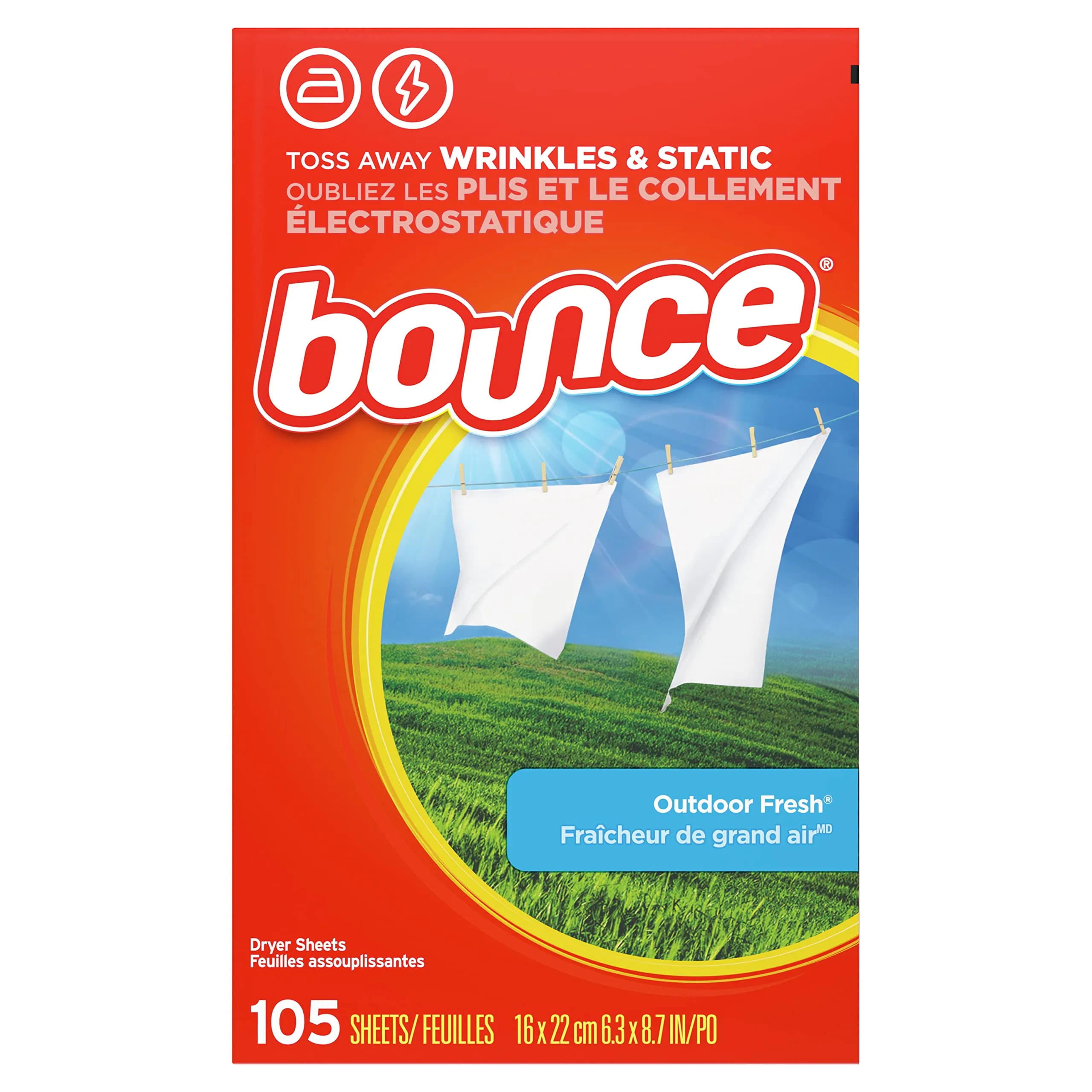 Bounce Dryer Sheets, 105 Sheets, Outdoor Fresh Scent Fabric Softener Sheets, Reduces Static, Softens and Fights Wrinkles 105 Count (Pack of 1)