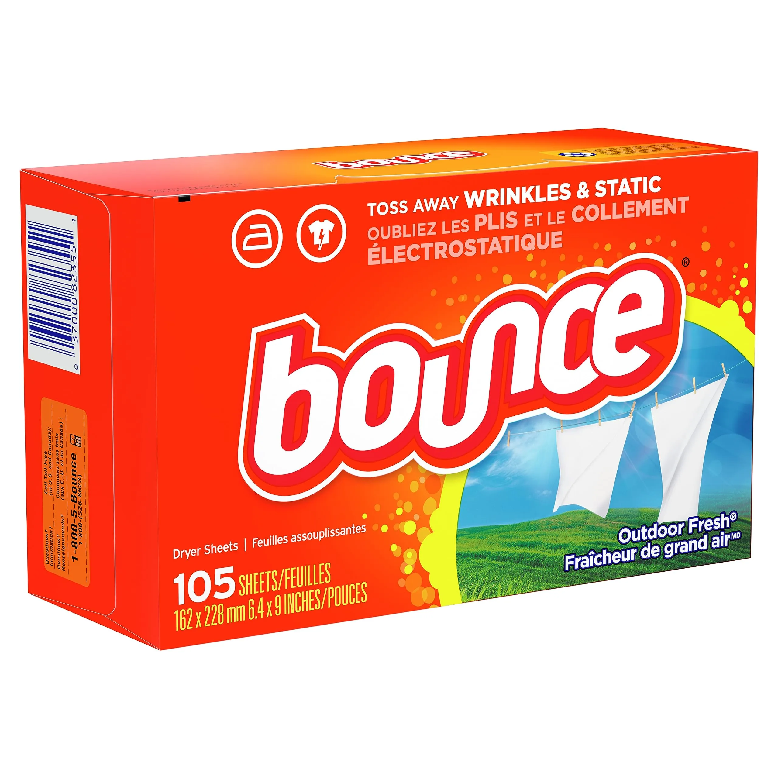 Bounce Dryer Sheets, 105 Sheets, Outdoor Fresh Scent Fabric Softener Sheets, Reduces Static, Softens and Fights Wrinkles 105 Count (Pack of 1)