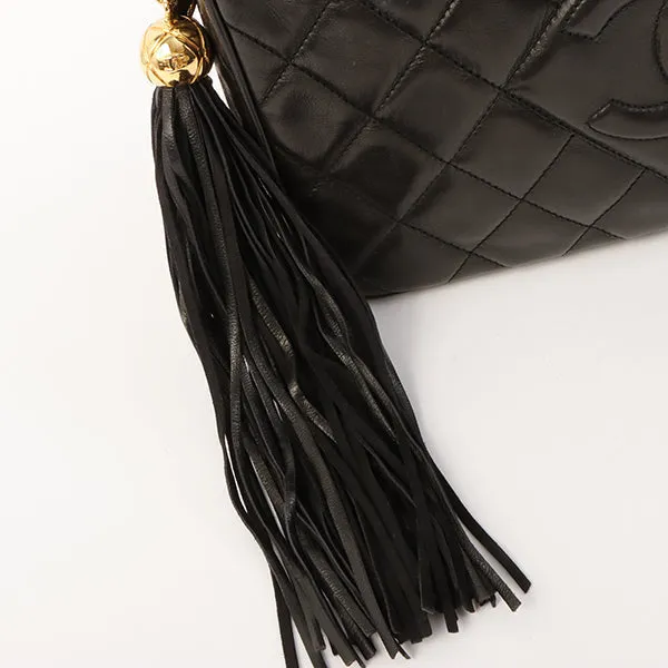 Chanel Around 1992 Made Diamond Cc Mark Stitch Fringe Chain Bag Black