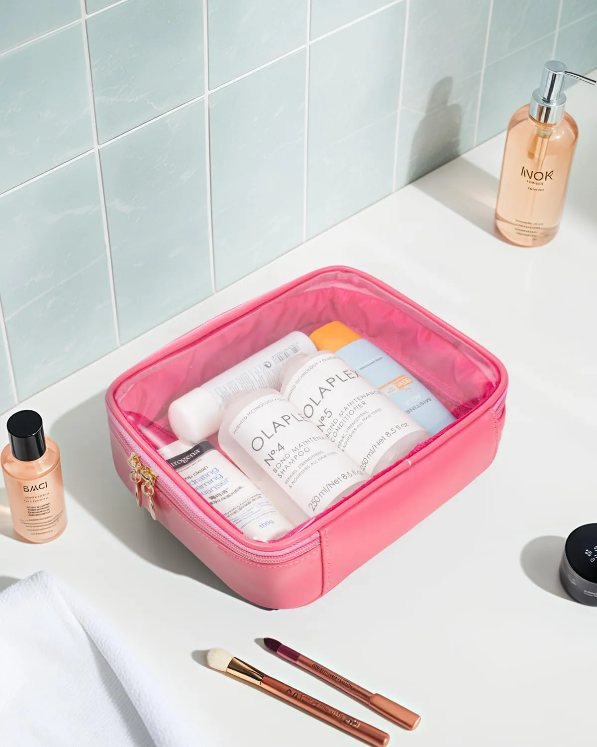 Clear Makeup Bags Large - TSA Approved Clear Toiletry Bag,Large Clear Cosmetic Bags with Zipper Travel Accessories Travel Essentials Pink Car Accessories for Women Men (Large Rose)