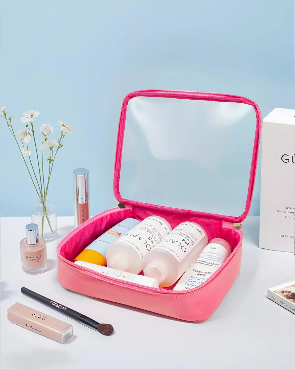 Clear Makeup Bags Large - TSA Approved Clear Toiletry Bag,Large Clear Cosmetic Bags with Zipper Travel Accessories Travel Essentials Pink Car Accessories for Women Men (Large Rose)