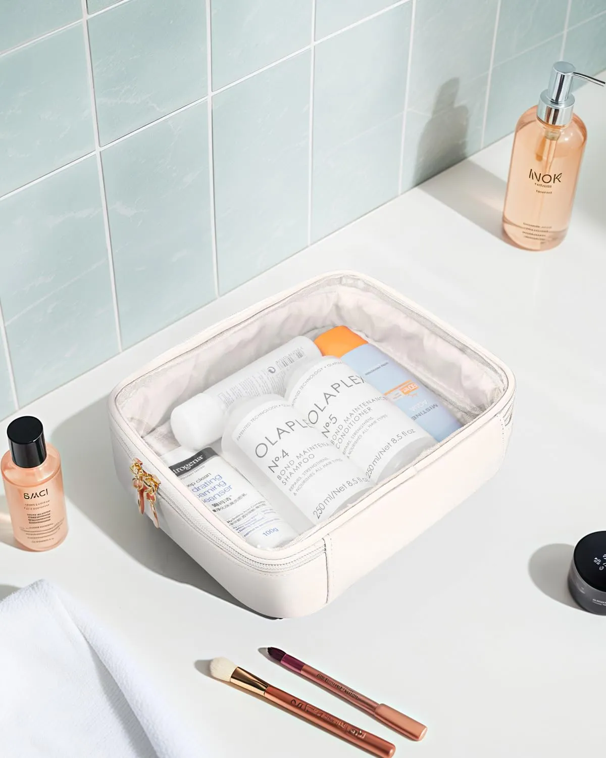 Clear Makeup Bags Large - TSA Approved Clear Toiletry Bag,Travel Makeup Bag Clear Cosmetic Bags Car Essentials Travel Essentials Car Accessories for Women Men (Large White)