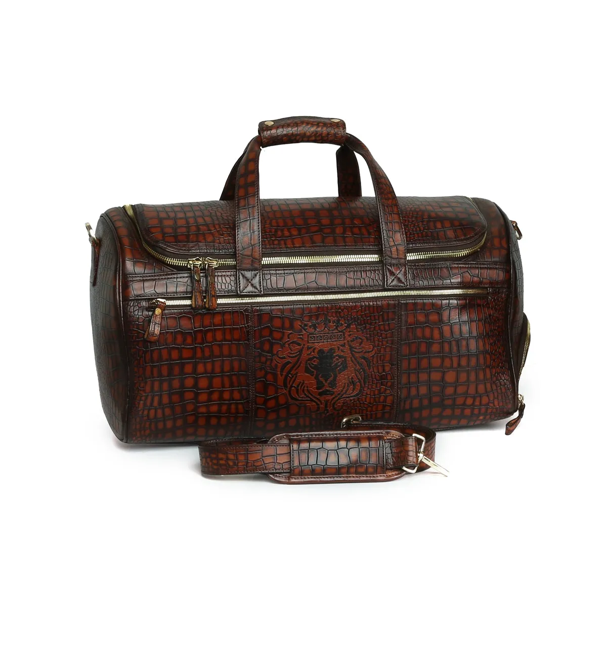 Cognac Deep Cut Croco Multi-Pockets Smokey Finish Leather Duffle Bag by Brune & Bareskin