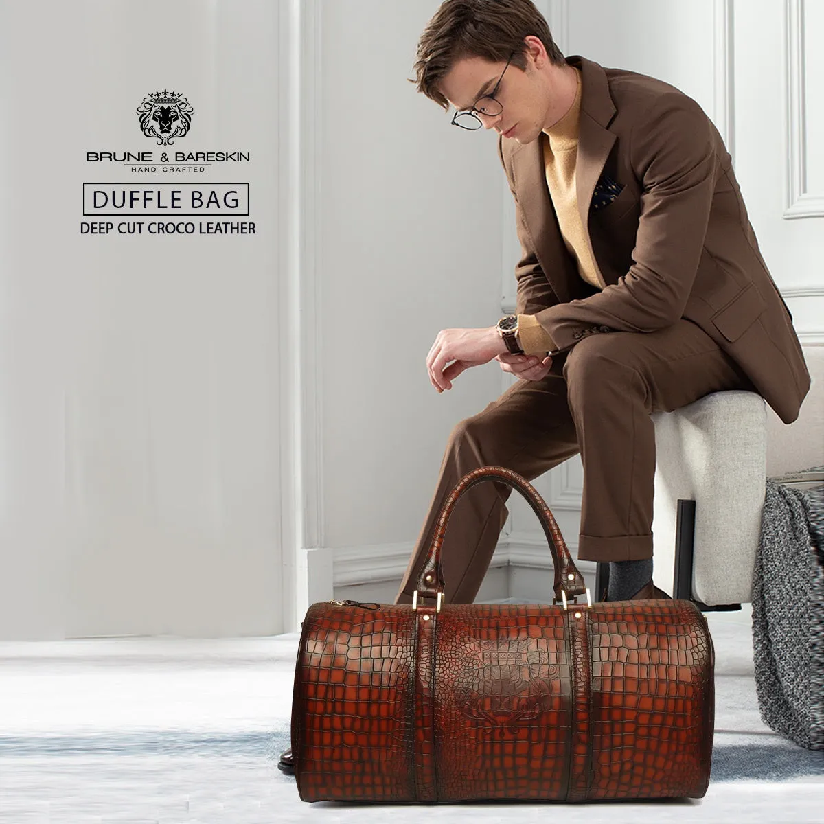 Hand-Painted Duffle Bag In Smokey Cognac Deep Cut Leather