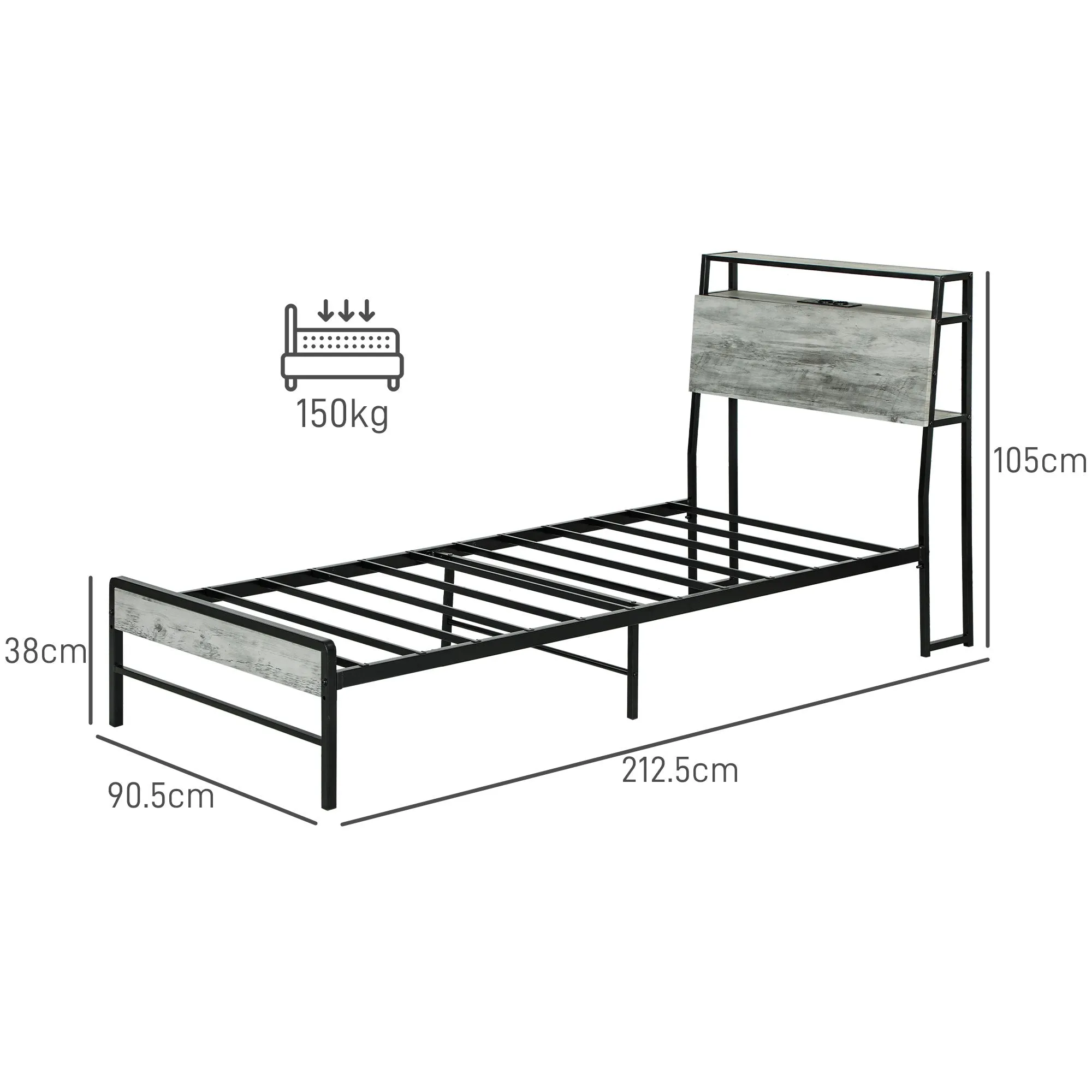 LED Single Bed Frame with Charging Station, 90 x 190cm, Cement Grey