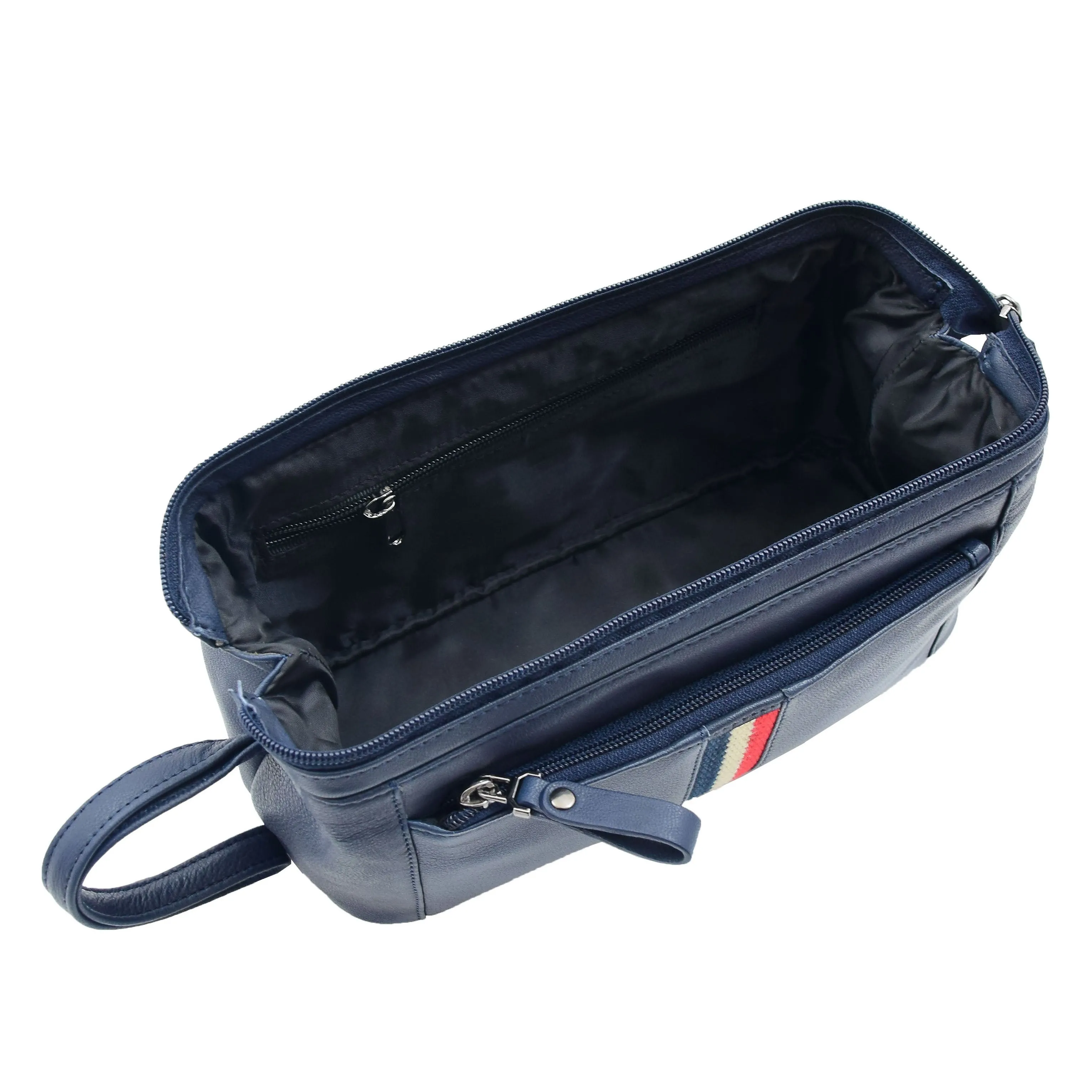 Mens Navy Leather Toiletry Cosmetic Shaving Kit Travel Wash Bag Guy