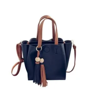 Metal Ring Tassels Colour Block Tote Bag - Black