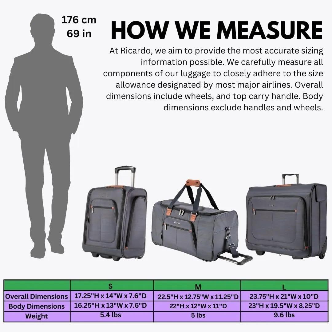 Ricardo Beverly Hills Montecito 2.0 Softside Wheeled Rolling Garment Bag for Travel, Men and Women, Built-in Suit Compartment, 23-inch, Grey