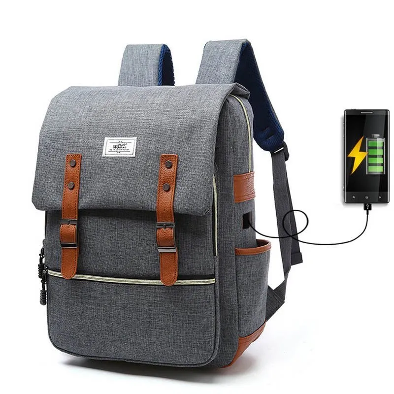Vintage Fashion Unisex Lapop Computer USB Charging Backpack