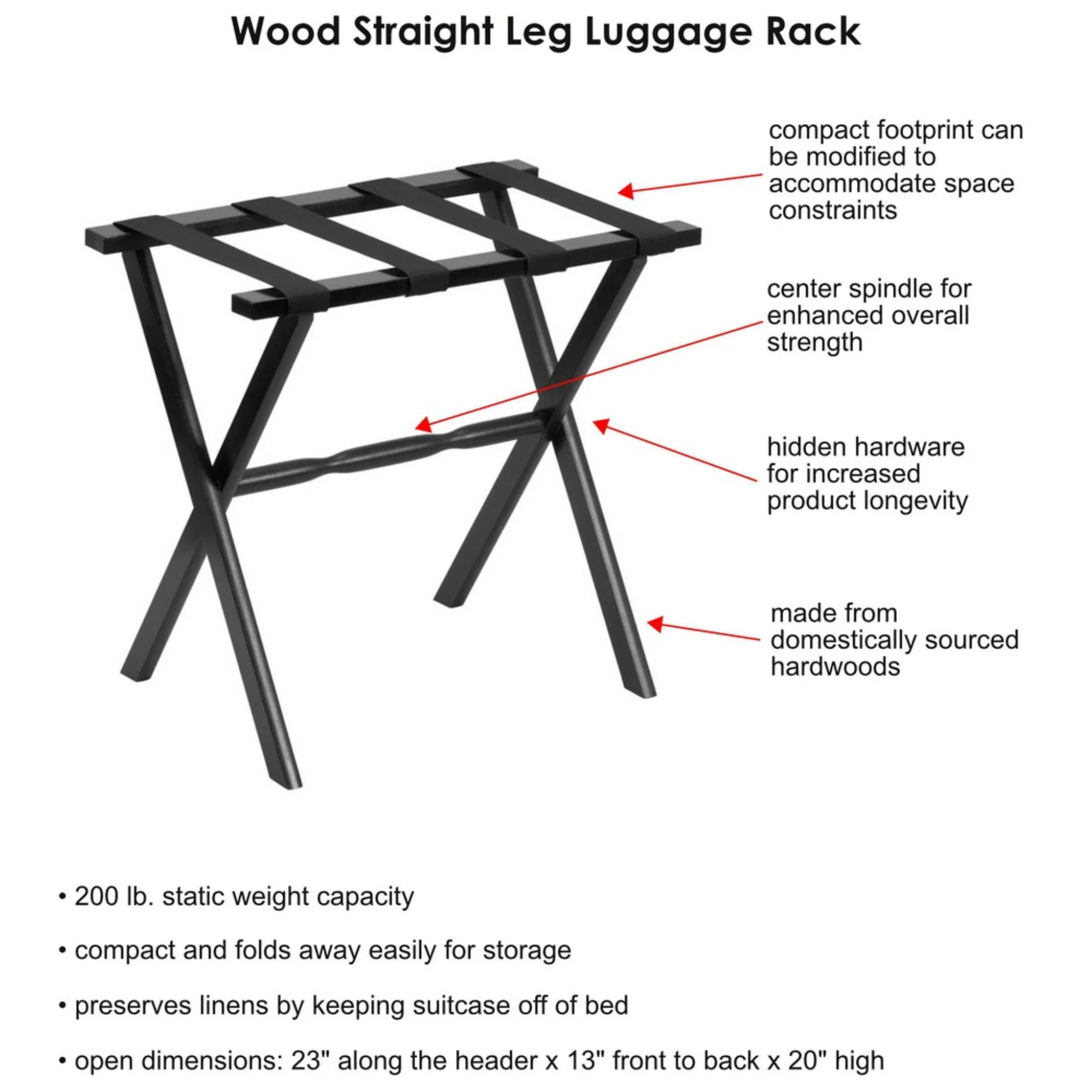 White Straight Leg Wood Luggage Rack with 4 Nylon Straps